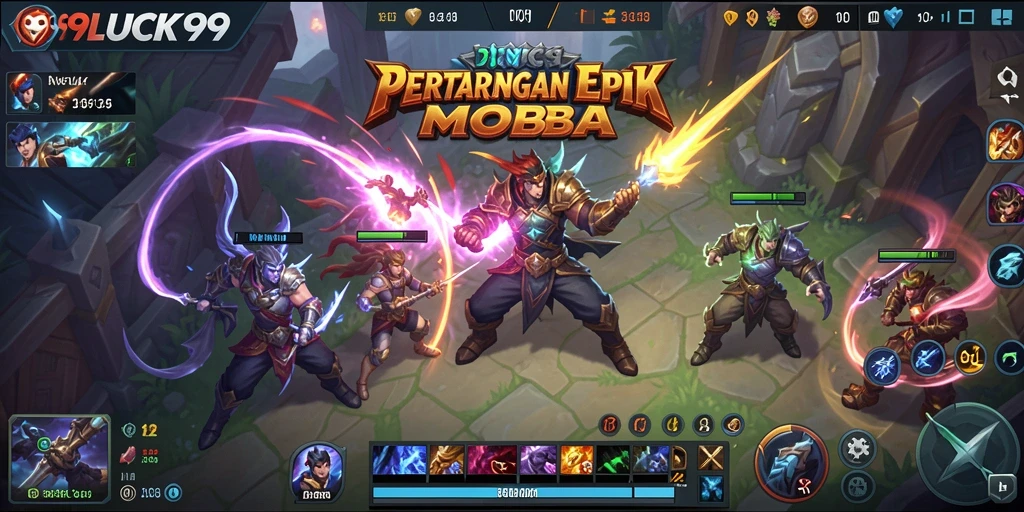 Screenshot gameplay 99LUCK99 menampilkan pertarungan seru di arena MOBA.