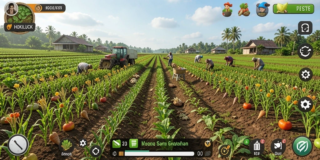 Tampilan gameplay HOKILUCK yang menarik dengan berbagai kegiatan pertanian.
