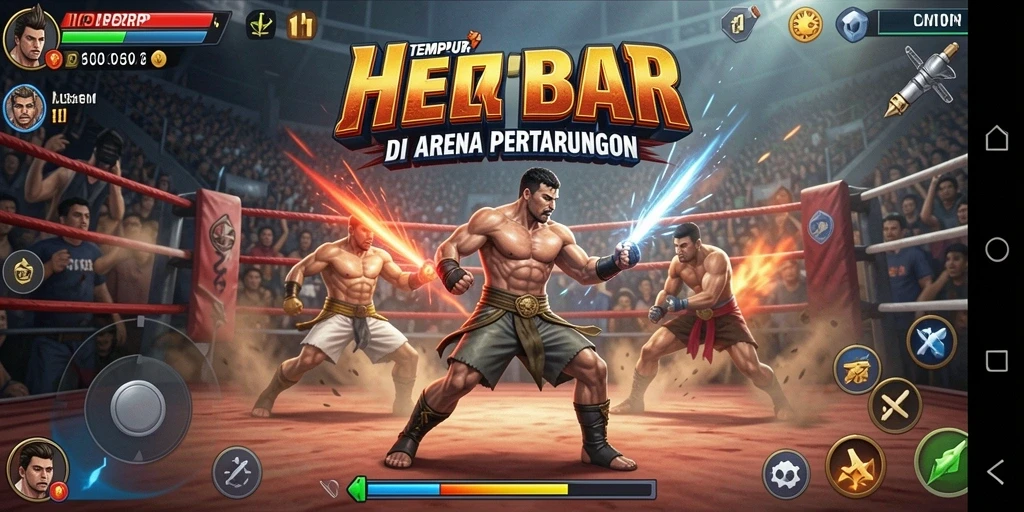Tampilan utama INDORP dengan karakter beraksi di arena pertarungan.