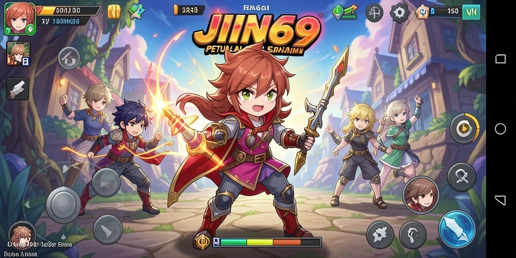 Screenshot permainan JIN69 menampilkan pertarungan karakter anime yang epik.