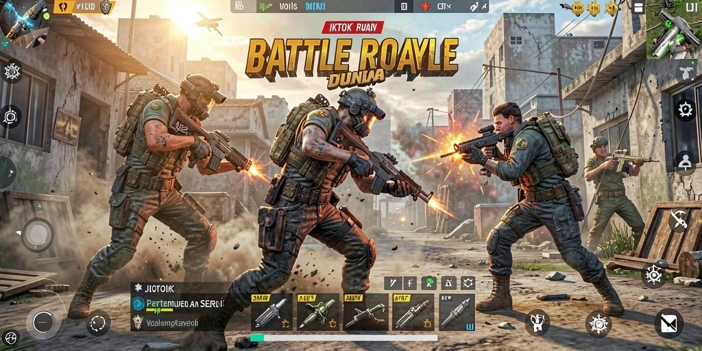 Screenshot JKTOK menampilkan aksi pertempuran intens dalam mode Battle Royale.