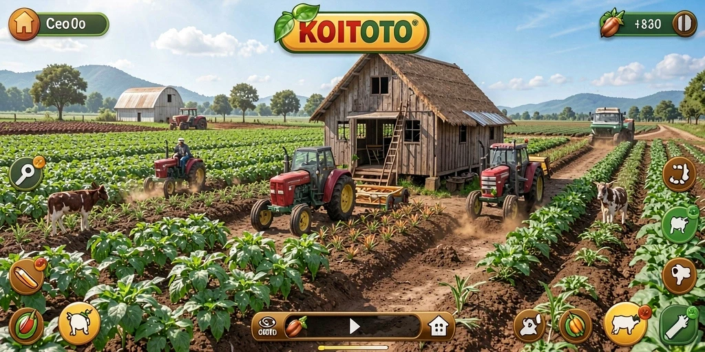 Tangkapan layar gameplay KOITOTO yang menarik menampilkan aktivitas pertanian.