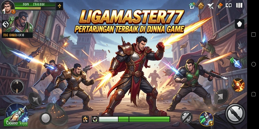 Tampilan pertarungan seru dalam LIGAMASTER77 dengan karakter yang menonjol.