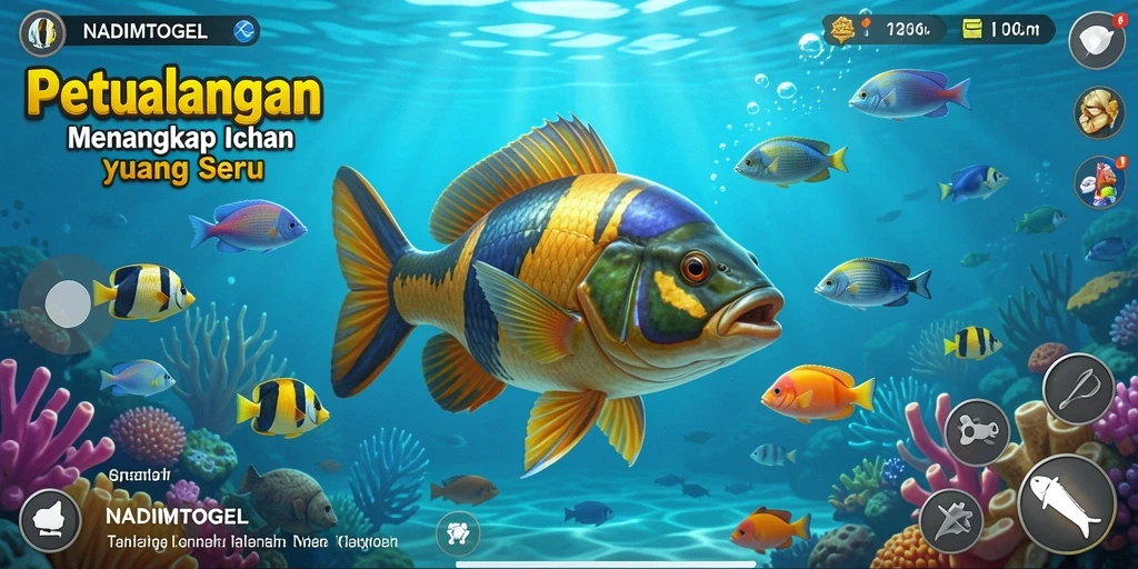 Screenshot gameplay NADIMTOGEL yang menunjukkan serunya memancing di berbagai lokasi.