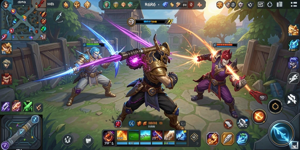 Screenshot R6R6 menampilkan aksi pertarungan seru dalam gameplay MOBA.
