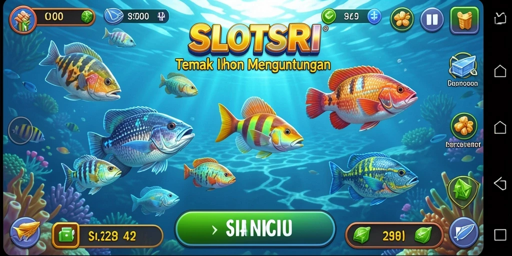 Gameplay seru di SLOTSRI dengan menembak ikan berwarna-warni.