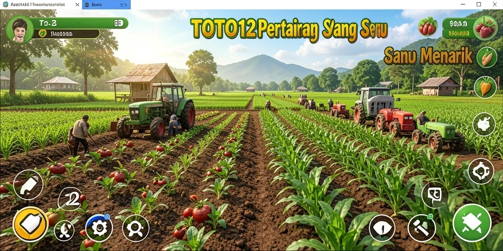 Screenshot gameplay TOTO12 menampilkan ladang pertanian yang luas dan beragam tanaman.